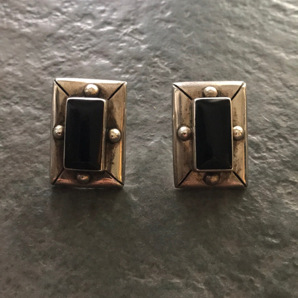 .925 Sterling Silver and Black Stone Earrings